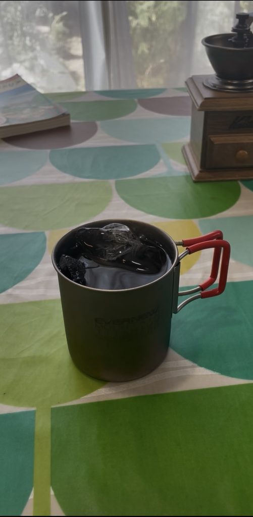 お茶パックで作った水出しアイスコーヒーを氷入りのマグに注いだところ