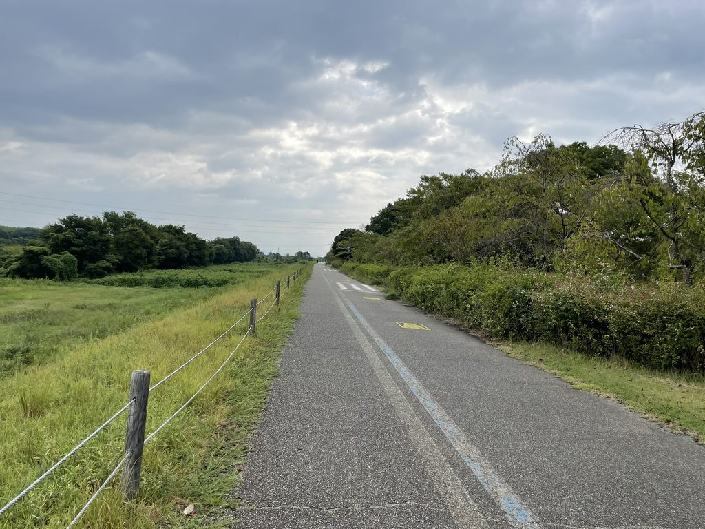 曇り空の下をまっすぐ伸びる木曽川沿いのサイクリングロード