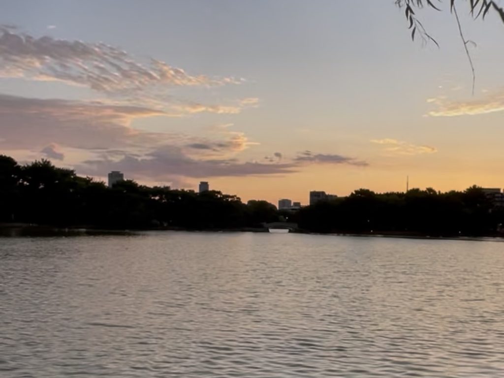 夕暮れの空と水面が広がる福岡・大濠公園