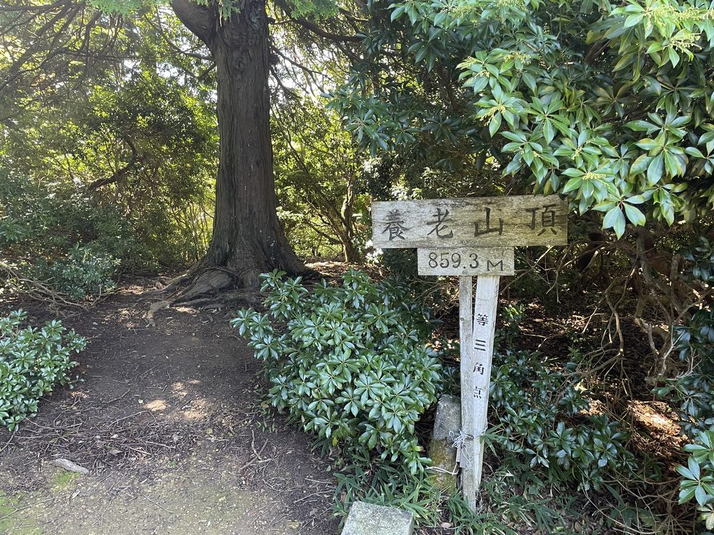 標高859.3mの養老山山頂の標識